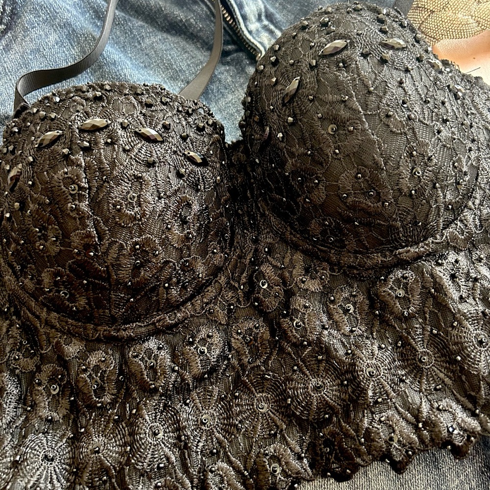 Rhinestone and Lace Black Crop Top